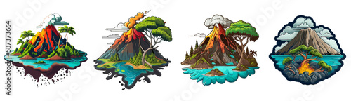 Set of volcano island vector flat color illustration