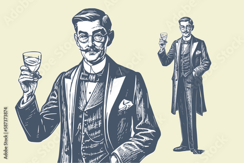 Gentleman with a glass of drink. Woodcut engraving style hand drawn vector illustration. Optimized vector.	