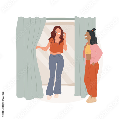 Fitting room isolated cartoon vector illustration. Young teen trying on clothes in fitting room and looking in mirror, girl showing new dress to friends, teenagers fashion vector cartoon. photo