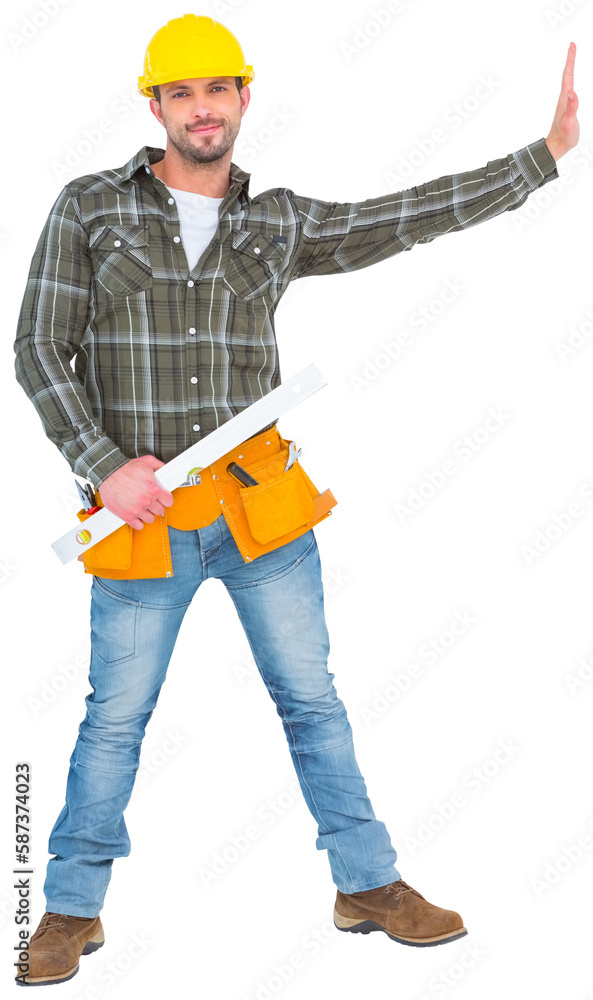 Manual worker holding spirit level Manual worker holding spirit level