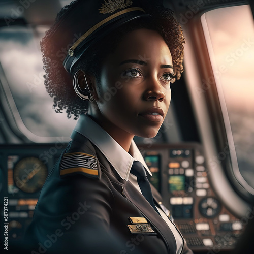 Airplane Pilot In Cockpit Of Commercial Airplane Black Woman Captain Generative AI