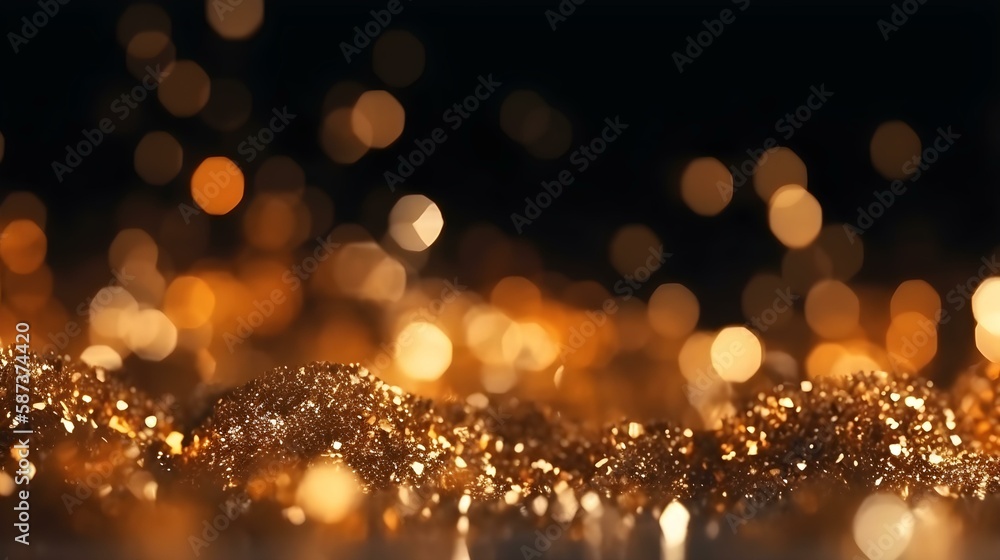 Festive Golden Glittering Winter Holiday Background with Bokeh Lights and Snow Festive Golden Glittering Winter Holiday Background with Bokeh Lights and Snow