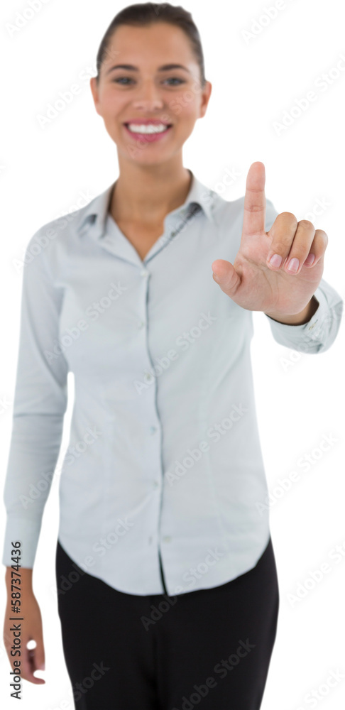 Female executive pressing an invisible virtual screen Female executive pressing an invisible virtual screen
