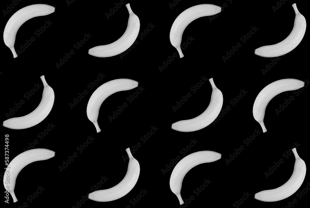 Banana on the black background. Flat lay. Pattern. Top view. Banana on the black background. Flat lay. Pattern. Top view.