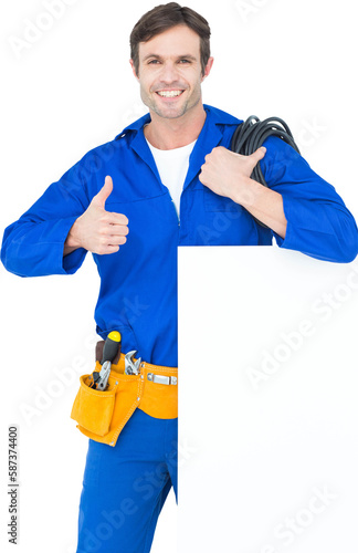 Electrician with wire and bill board gesturing thumbs