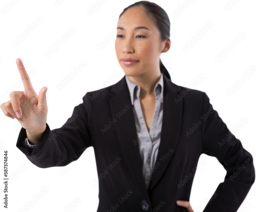 Businesswoman pressing an invisible virtual screen Businesswoman pressing an invisible virtual screen