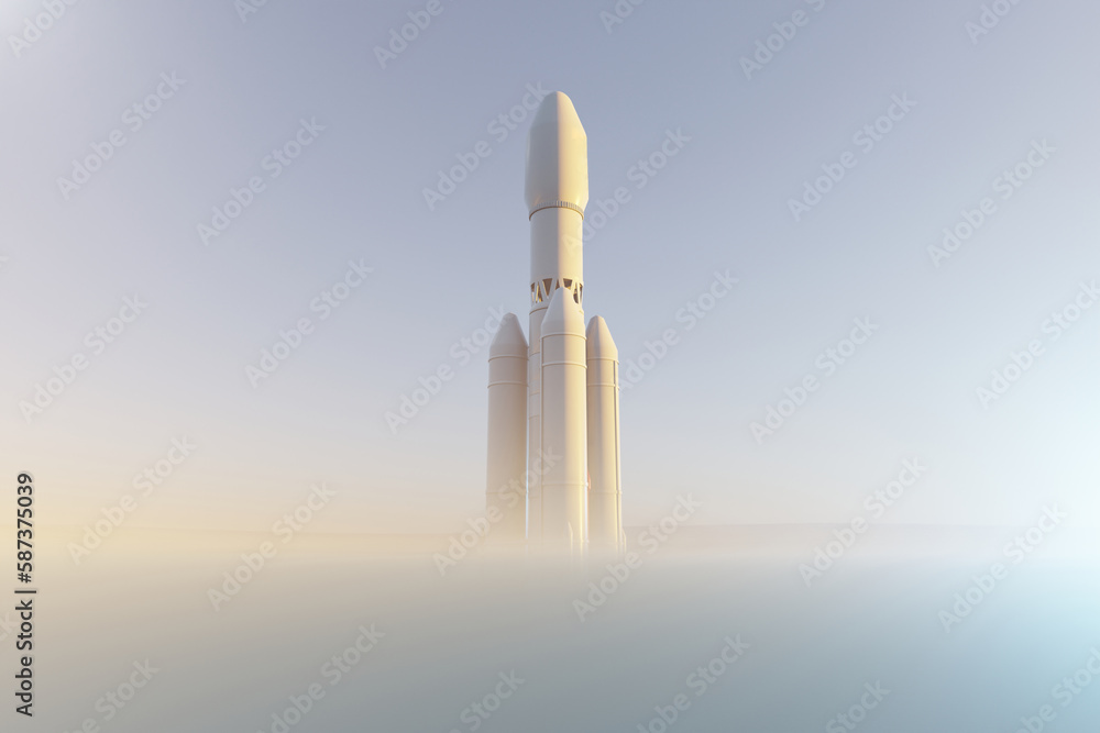 Rocket over Martian desert surface, fog in the atmosphere. 3d illustration Rocket over Martian desert surface, fog in the atmosphere. 3d illustration