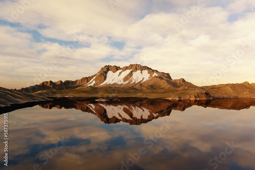 Lone snow-capped mountain on frozen lake. 3D illustration
