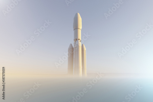 Fototapeta Naklejka Na Ścianę i Meble -  Rocket over Martian desert surface, fog in the atmosphere. 3d illustration
