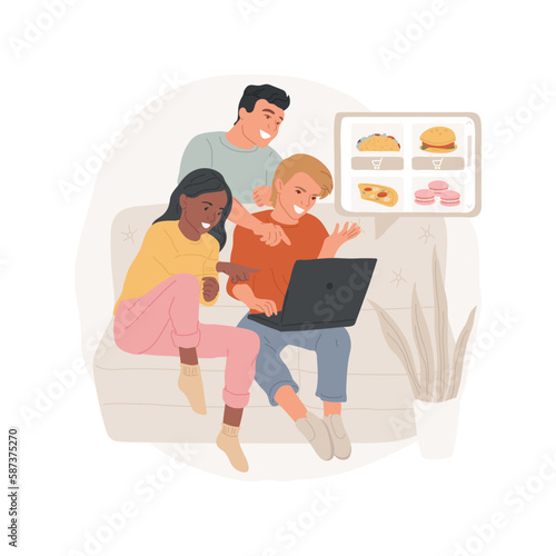 Ordering food online isolated cartoon vector illustration. Group of happy teenagers having home party, teens with laptop sitting on sofa and ordering food on website vector cartoon. © Vector Juice