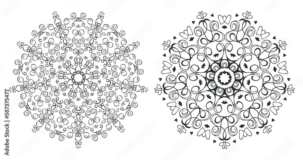 Set easy Mandalas with spirals and curlicues. Mandala flowers coloring on white background. Set easy Mandalas with spirals and curlicues. Mandala flowers coloring on white background.