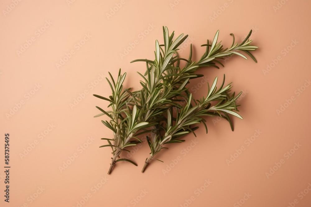  a sprig of rosemary on a pink background with copy - up space for a text message or a product to put on the top of the image.  generative ai