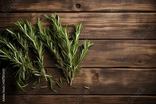  a sprig of rosemary on a wooden table top view from above  with space for text on the left side of the image.  generative ai