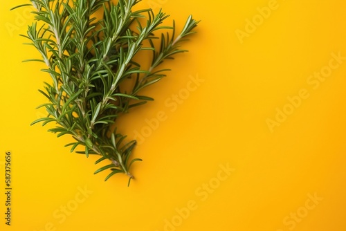  a sprig of rosemary on a yellow background with space for text or image  top view  flat lay on a yellow surface.  generative ai