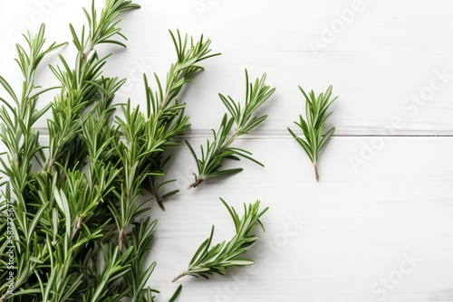  a branch of rosemary on a white wooden background with a place for text or a picture to put on a greeting card or a gift card.  generative ai