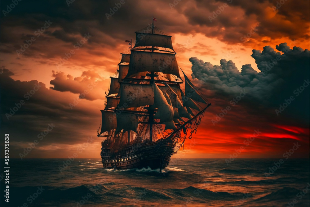 ship at sunset, pirate ship at dusk sailing the sea, Generative AI