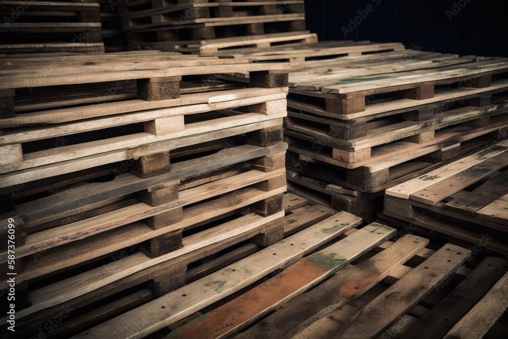a pile of wooden pallets stacked on top of each other in a room with a blue wall behind them and a black wall in the background. generative ai a pile of wooden pallets stacked on top of each other in a room with a blue wall behind them and a black wall in the background. generative ai