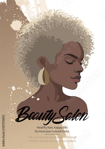 African girl in a frame with short curly hair over splashes