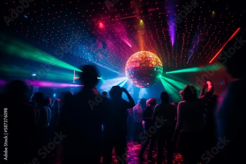 Illustration of people dancing under a shining disco ball in a club created with Generative AI technology