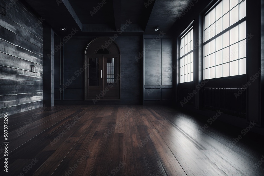  a dark room with a wooden floor and two windows with light coming through the window and a door in the middle of the room with a doorway.  generative ai