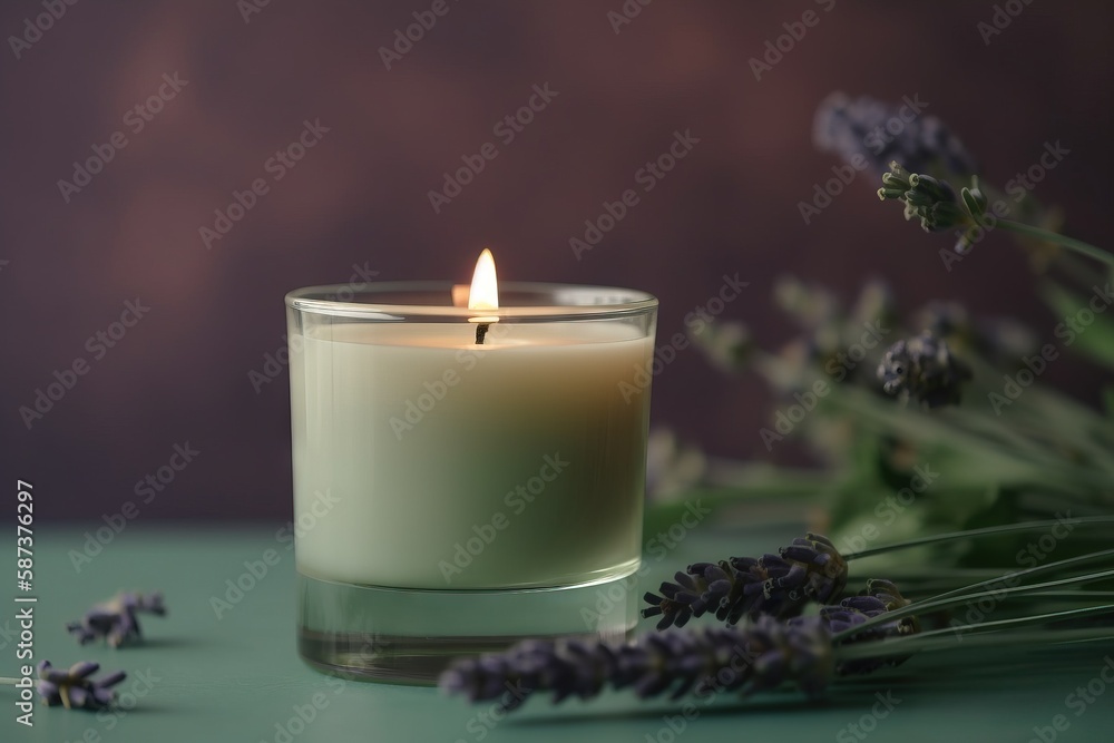 a lit candle sitting on top of a table next to lavenders and a green table cloth with a purple background behind it and a bunch of lavenders. generative ai a lit candle sitting on top of a table next to lavenders and a green table cloth with a purple background behind it and a bunch of lavenders. generative ai