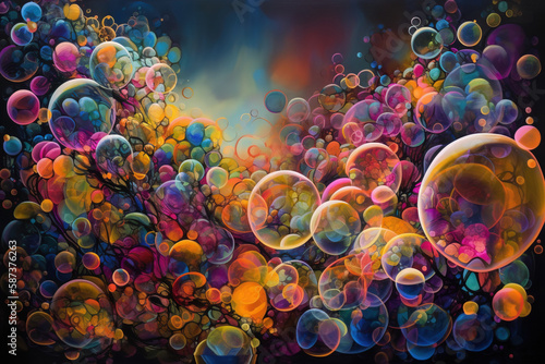  a painting of soap bubbles floating in the air with a black background and a tree in the foreground with a blue sky in the background. generative ai