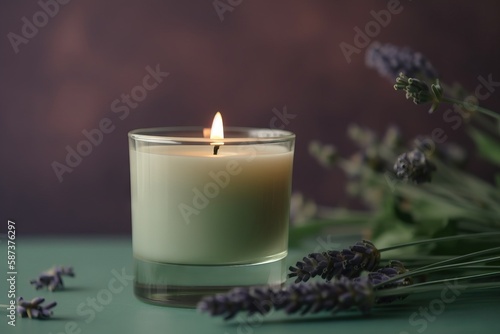  a lit candle sitting on top of a table next to lavenders and a green table cloth with a purple background behind it and a bunch of lavenders.  generative ai