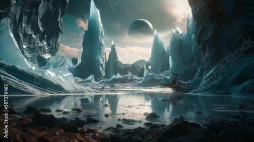 An epic scene of a planet with massive ice formations rising from its surface, reflecting light in all directions. Generative AI