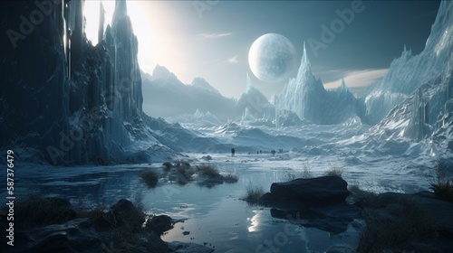 An epic scene of a planet with massive ice formations rising from its surface, reflecting light in all directions. Generative AI