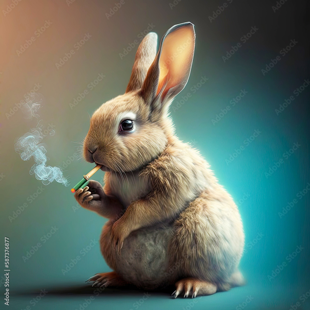 Happy easter bunny, rabbit smoking marijuana joint with cannabis leaf. Generative AI