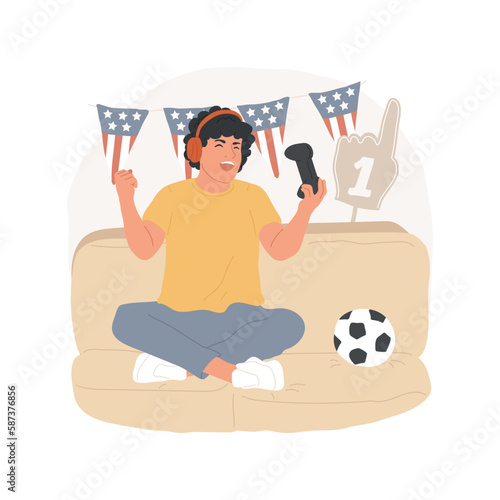 Winning isolated cartoon vector illustration. Teenage boy playing video games with joystick and headphones, home entertainment, having sport flags around, winning celebration vector cartoon.