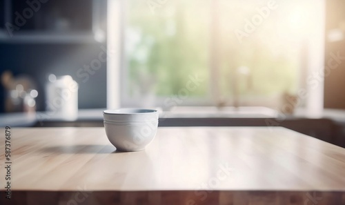 Empty Wooden Table in Kitchen for Product Placement with Blurred Background for Advertisement