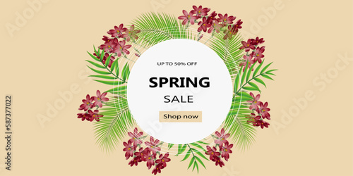 Floral spring design with red flowers and green palm leaves. Round shape with space for text. Banner or flyer sale template, vector illustration.