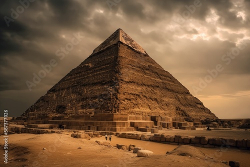 At dusk  one of the Giza Pyramids in Cairo  Egypt The Pharaohs constructed it as a tomb and route to the afterlife  where they imagined becoming Gods. Generative AI