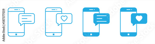 chatting message on mobile phone icon set. chat notification icon. heart messaging icon symbol sign collections, vector illustration