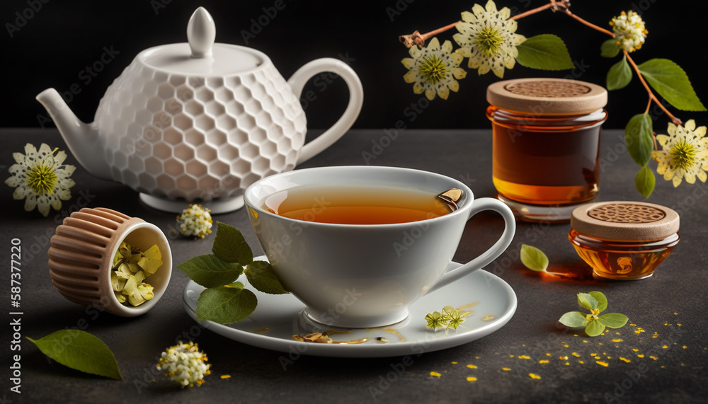 linden tea honey lemon on a dark background. Generative AI linden tea honey lemon on a dark background. Generative AI