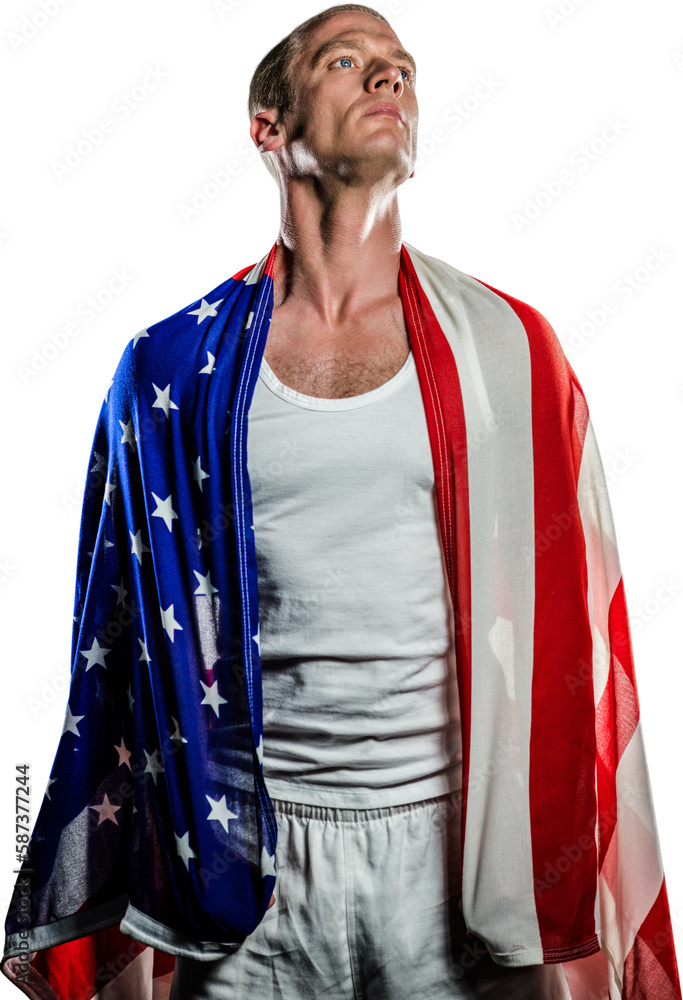 Athlete with american flag wrapped around his body Athlete with american flag wrapped around his body