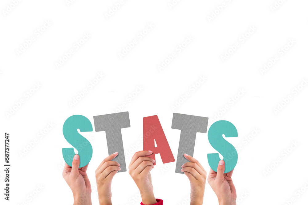 Colorful alphabet spelling stats held up by people 