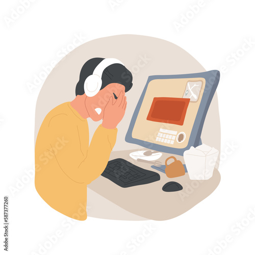 Lost in gaming isolated cartoon vector illustration. Teenage boy feeling depressed when playing in video games, having trash on table, home entertainment, virtual world vector cartoon.