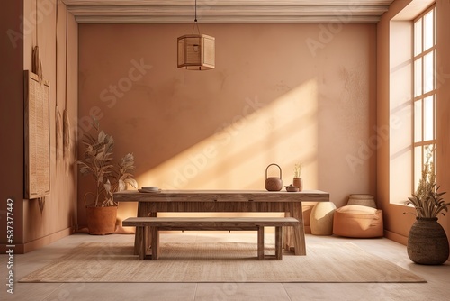 minimalist home interior with wooden furniture. Generative Ai