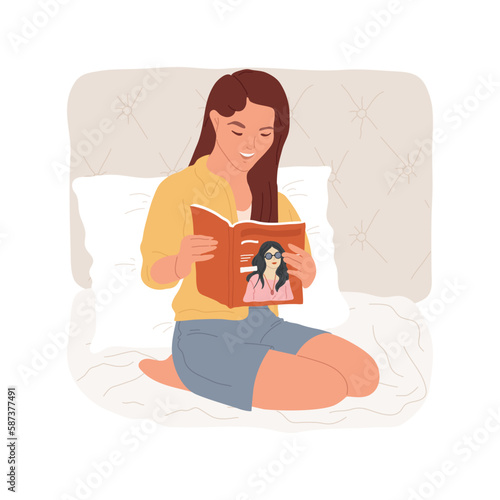 Reading magazines isolated cartoon vector illustration. Smiling teenage girl reading magazines about stars in bed, spending free time at home, relaxing in teen room vector cartoon.
