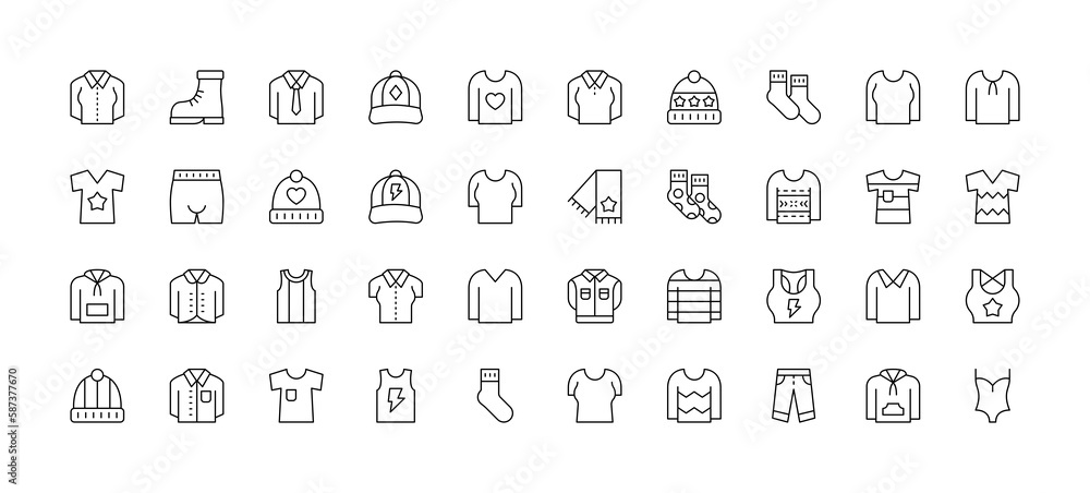 Clothing line icon set. Dress, polo t-shirt, jeans, winter coat, jacket pants, winter hat, skirt minimal vector illustrations. Simple outline signs for fashion application. 