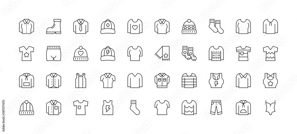 Clothing line icon set. Dress, polo t-shirt, jeans, winter coat, jacket pants, winter hat, skirt minimal vector illustrations. Simple outline signs for fashion application. Clothing line icon set. Dress, polo t-shirt, jeans, winter coat, jacket pants, winter hat, skirt minimal vector illustrations. Simple outline signs for fashion application.