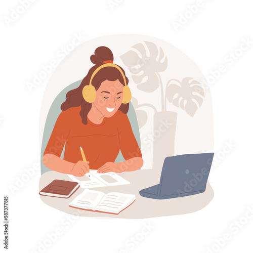 Diligent isolated cartoon vector illustration. Focused teenage girl writing notes, learning with laptop and books, teen doing homework, diligent adolescent studying hard vector cartoon.