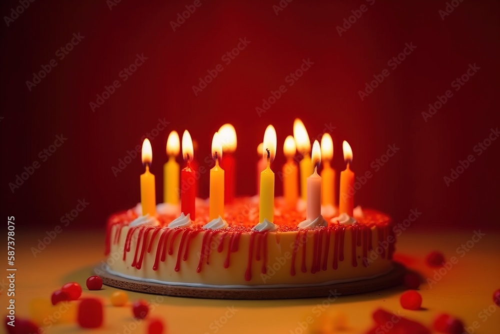 a birthday cake with lit candles on a table with candy scattered around it and on the table is a lot of red and yellow candies. generative ai a birthday cake with lit candles on a table with candy scattered around it and on the table is a lot of red and yellow candies. generative ai