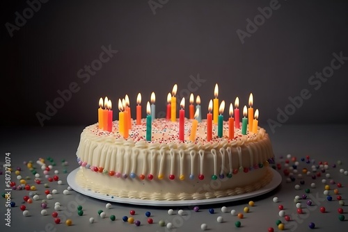  a birthday cake with many lit candles on top of a table with confetti around it and a black background with white and yellow dots.  generative ai