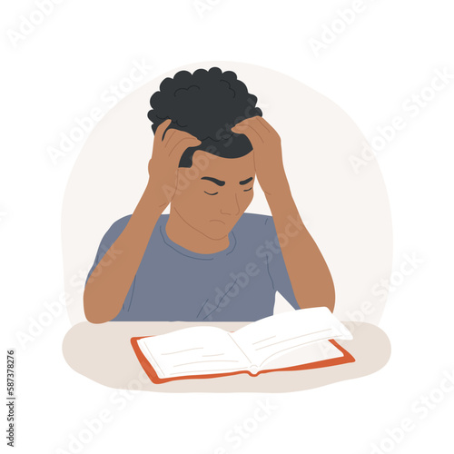 Tired isolated cartoon vector illustration. Tired teenage boy doing homework with books, guy asleep on copybook after long tasks, heavy study, adolescent education and fatigue vector cartoon.