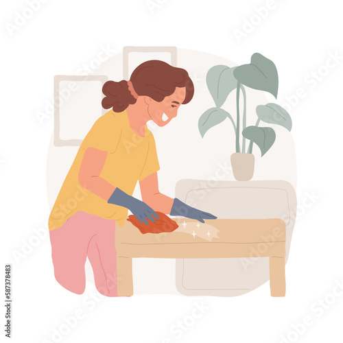 Housekeeping isolated cartoon vector illustration. Teenager in gloves cleaning houses, smiling girl housekeeping with pleasure, teens first job, summer work, household chores vector cartoon.