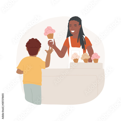 Working in a cafe isolated cartoon vector illustration. Young teen girl working in cafeteria and serving client, holding ice cream, teenager first job in cafe, summer work vector cartoon.