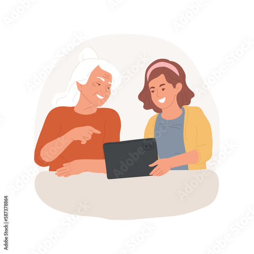 Teach digital literacy isolated cartoon vector illustration. Girl teaching grandmother using tablet, carrying out social work for helping elderly, teens volunteering lifestyle vector cartoon.